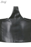 Streetwear Gothic Dark PU Leather Crop Top Women Hook Lace Up Punk Style Tank Top Cummerbunds Corset Tops To Wear