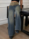 Splicing Retro Leopard-Print Broad-Legged Pants Jeans Women's Niche To Make Old Loose Breathable Straight