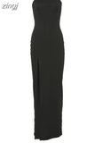 Fashion Spaghetti Strap Bodycon Mini Dresses Women Sleeveless Black Slit Slash Party Clubwear Long Dresses