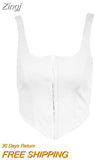 Single-Breasted Button Square Collar Sexy Tank Top Backless Summer Women Asymmetrical Top Night Club White Cropped