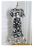 High-End Elegant Heavy Industry Flower Embroidery Round Collar Lantern Sleeves To Close The Waist Slim Slimmed Fishtail Dress