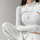 Zingj And Autumn Women's Wear Carefully Machine Hollow Open Shoulder Bottom Shirt Slim Fake Two Short