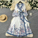 Court Retro Cross V Tie With Belt Lantern Sleeve Print Big Pendted Dress Woman 2025