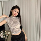Zingj Girls Dizzy Dye Short Top 2024 Summer New Women's Design Sense Temperament Slim Half High Collar Short-Sleeved