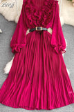 Vintage Women Pleated Long Dress Red/Purple/Yellow V-Neck Ruffle Puff Sleeve Draped A-Line Vestidos Female New