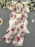Women Floral Printed Two Piece Set Sexy Square Collar Lantern Sleeve Short Tops + Wide Leg Pants Suit Vacation Beach