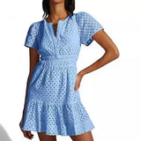 Women's V-Neck A-Shaped Hollow Lace Folded Short-Sleeved Mini