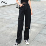 Women Denim Hole Button Pockets Loose 5XL Black Trousers Baggy Chic Harajuku Daily Scratched Wide Leg Streetwear
