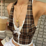 Zingj Women's Summer 2024 New Fashion Sexy French Sweet Vintage Plaid Neck Hanging Vest