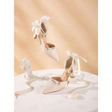 Women 2025 Summer New Pointed Bow Ribbon Coarse Shoes With Pearl Chain Sandals