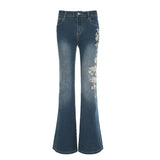 West Of The Cowboy Wind Plant Flowers Embroidered Low-Waisted Trousers Hottie Water Wash Old Leisure