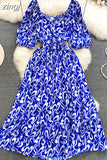 Women Printed Long Dress Vintage V-Neck Puff Short Sleeve A-Line Slim Vestidose Female Elegant Casual Robe New