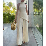 Women's New Asymmetric Neck Collar Blouse High-Waisted Silk Jerk Trousers