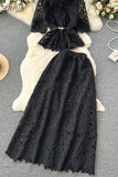 Women Hollow Out Two Piece Set Vintage Turn-Down Collar Short Sleeve Tops + High Waist Long Skirt 2Pcs Suit New