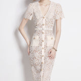 Scented Dress Woman Summer Famous Doll Collar Short Sleeve Nail Bead Single Buckle Repair Slim Thin Lace Hook