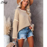 PETAL Contrast Trim Sweater For Woman Casual Loose O-neck Long Sleeve Waistcoat 2023 Autumn Winter Pullover Top