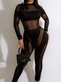 2023 Sexy See Through Mesh Patchwork Jumpsuits Women Long Sleeve Round Neck Skinny Long Rompers Club Streetwear