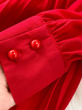 Vintage Women Long Dress Elegant Bow Collar Lantern Sleeve Single Breasted Pleated Maxi Vestidos Female Red/Purple