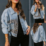 New Denim Jacket Women's Long Sleeve Women's Jacket Women's Leopard Print Patchwork Top-Outfit
