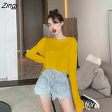 Sleeve T-shirts Women Spring Solid Loose Crop Top Sexy New Trendy Leisure Girls T-shirt Korean Stylish Teens All-match