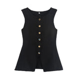 New Women's Uniform Pure Color Round Collar Single Buckle Sleeveless Simple Knitted Vest