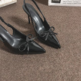 Women 2025 Summer New Sexy Pointed Wine Red Bow Bow Head Thin Heeled French