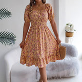 Shooting 2025 Spring And Summer Broken Flower Collar Short Sleeves To Close The Waist Lotus Leaf Side A Dress Women's