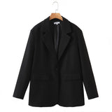 Zingj Fashion Women's Fashion Autumn British Version Loose One-Button Suit Jacket Black Medium-Length Suit
