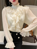Fashion Chiffon Lace Shirts Stand Collar Korean Ruffles Stitching Button Blouse Woman Long Flare Sleeve Loose Tops