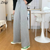 Loose Women's Wide Leg Pants Fashion Solid Casual High Waisted Drawstring Trousers Palazzo Pants Grey Long Pants