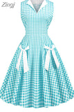 Casual Elegant Women Summer Dress Plaid Print Sleeveless Bow Midi Office Party Vintage Sundress Plus Size Robe Chic