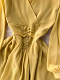 Vintage Women Dress Elegant Orange/Red/Yellow V-Neck Lantern Sleeve High Waist Slim A-Line Vestidos Female New