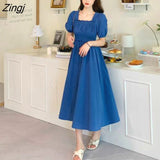 Women Summer Stretch Pure Blue Elegant Puff Sleeve Square Collar Kawaii Ulzzang Womens Long Womens Dress Daily