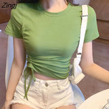 Sleeve T-shirts Fashion Casual Ulzzang Shirring Crop Tops Summer Sweet Elegant All-match Футболка Женский Chic New