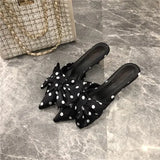New Spring Slippers Women's Korean-Style Pointed Polka Dot Bow Stiletto Mid-Heel Low Heel Slippers Polka Dot Half