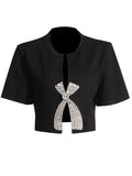 Simple Diamond Bow Bow Short-Sleeved T-Shirt 2025 New Trendy Niche Girl Open Fork Blouse Autumn And