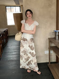Xixi 2025 Summer New Temperament Retro Print High-Rise Slimming Skirt With Hip Pencil Skirt