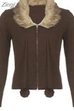 Y2K Aesthetic Fluffy Fur Trim Collar Women Sweaters Jacket Furry 90s Vintage Zipper Coat Knitting Cardigans