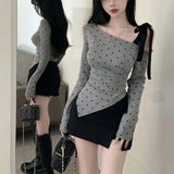 Sales Of 100,000] Gray Wave Point Oblique Shoulder Long-Sleeved T-Shirt Girl 2025 Spring New Folded Sweet Spicy Little