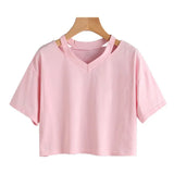 Zingj Wind Open Shoulder Hollow Out Sexy Solid Color T-Shirt V Collar Women's Short-Sleeved Loose Female