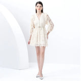 Sweet Court Style V-Neck Lantern Sleeve Embroidery Collection Thin Single Buckle A Word Elegant Dress