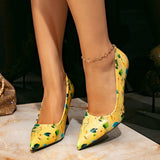 Women's High-Heeled Shoes Women's Fashion Yellow Print Simple Pointed Fine Heel High Heel Single Shoes