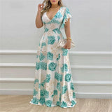 New Women's Temperament V-Neck Waist-Print Dress Fashion