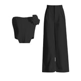 2025 New Temperament Splicing Three-Dimensional Flower Fish Bone Stud Top + High Waist Broad Leg Slacks Fashion