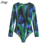 Women Vintage Ink Painting Graffiti Print Mesh Yarn Slim Bodysuits Ladies Sexy Perspective Playsuits Mujer Rompers