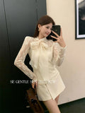 Xixi 2025 Autumn White Standard French Elegant Tie Lace Knitting Bottom Long-Sleeved Top Sweater