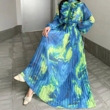 Retro Elegant Dress Women's Summer New Sweet Wooden Ear Splicing Long Sleeves Waist-Print