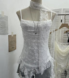 Lace Splicing Irregular Lotus Leaf Edge Ribbon Sling Vest Round Neck Sexy Sleeveless Top