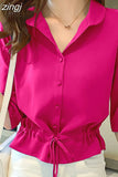 Women Solid Turn-down Collar Half Sleeve Chiffon Shirt Fashion Casual Shirring Single-breasted Blouses Female