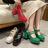 Coarse Square Head Small Leather Shoes Women 44 Large Spring And Autumn New Mary Jane French High Heel Single